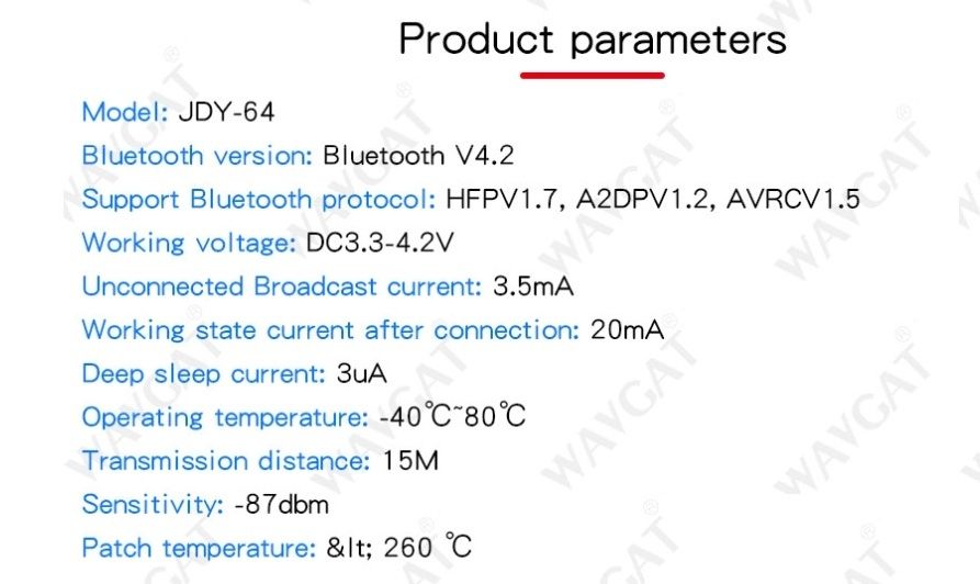 Аудио модуль приемник JDY-64 Bluetooth 4.2, DC 3.3-5В, AUX
