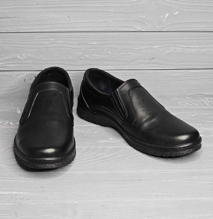 39-48р! Кожаные мужские прошитые черные туфли на резинке / без шнурков