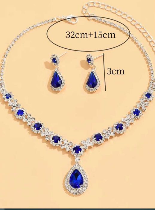 Komplet zestaw naszyjnik z kryształami kropla wody kolczyki niebieski