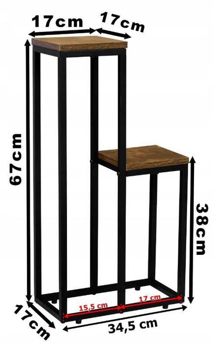Kwietnik Stojący Metalowy Loft Industrialny Dwa Poziomy Postarzany Dąb 67cm