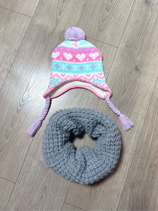 Детская, теплая шапочка на ребёнка; зимняя шапка с хомутом (шарф-снуд)
