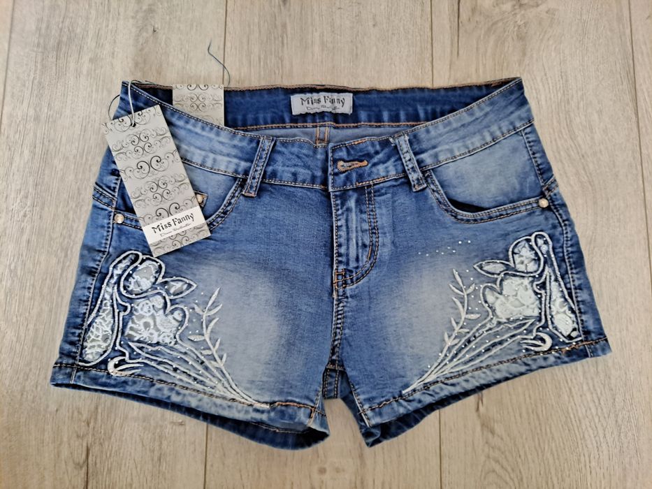 Damskie spodenki jeansowe z koronką, rozmiar L