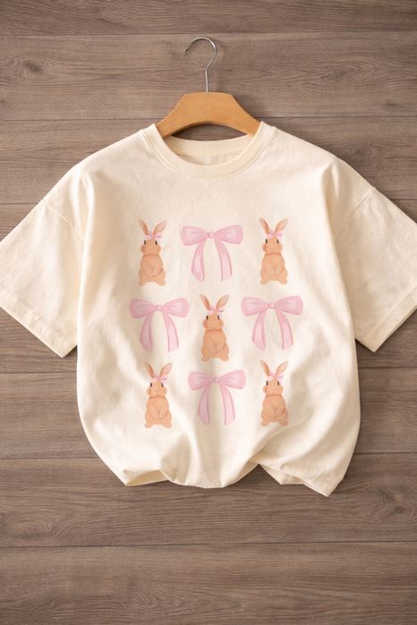 Kremowy T-shirt w kokardy i króliki 100% bawełna Rozmiar L