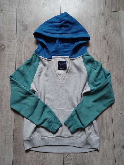 Bluza szara z turkusem granatem kapturem kangur s American Eagle Outfi
