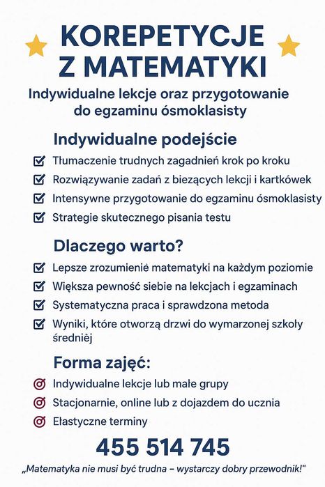 Korepetycje z matematyki, egzamin ósmoklasisty, dojazd do klienta