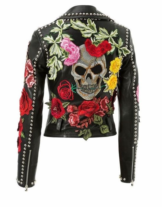 Кожаная куртка с косой молнией и контрастной вышивкой Philipp C.