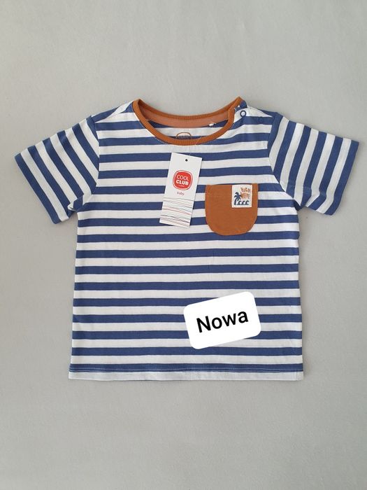 Bluzka T-shirt rozmiar 80 cool club w paski niebieski biały brązowy