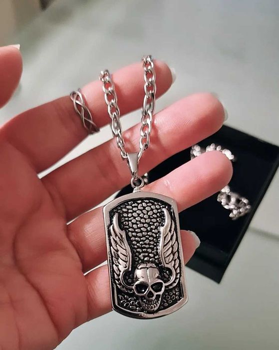 Fio colar necklace chapa caveira asas motard aço inoxidável skullwings