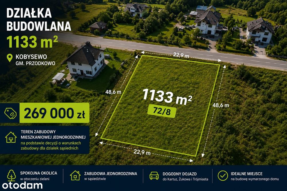 Działka 1133 m² | Kobysewo  | przy terenach zielonych|
