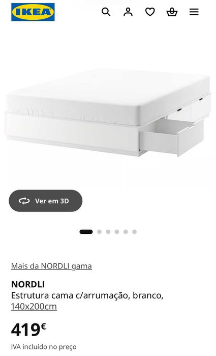 Cama de Casal (140x200 - NORDLI) - Estrutura cama c/arrumação, branco