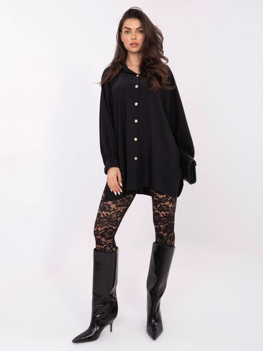 Koszula damska czarna oversize długa z ozdobnymi guzikami
