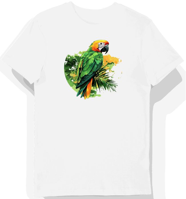 Koszulka męska biała z nadrukiem papugi w zielonej dżungli XL