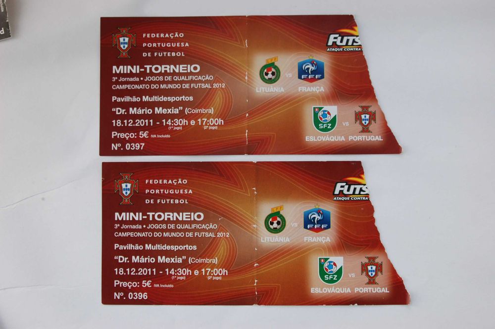 Dois bilhetes da Seleção Nacional de Futsal - Eslováquia - Portugal