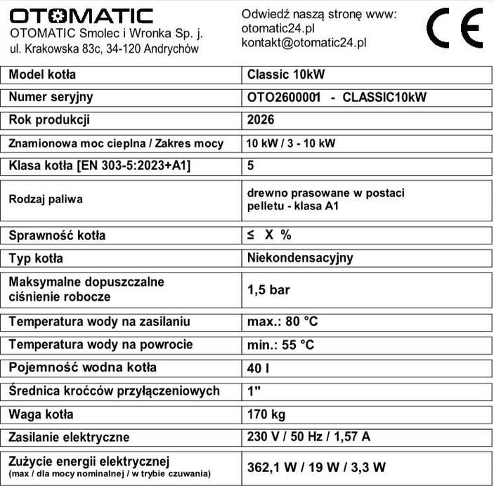Kocioł na Pellet OTOMATIC CLASSIC 10 kW 5 klasa z dostawą