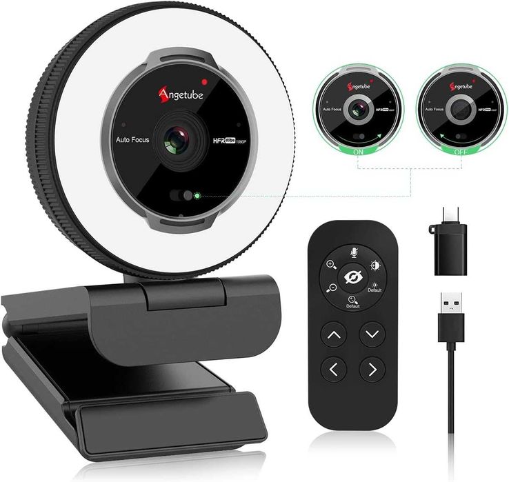 Angetube Streaming Webcam com microfone - Webcam USB 1080P 60FPS com luz de anel e controlo remoto - câmara Web HD com zoom digital 5X
