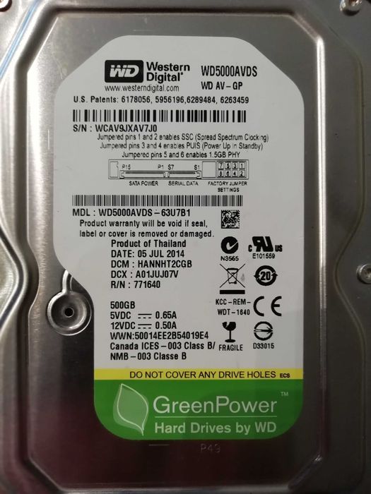 WD 500GB model WD5000AUDX Green Serie