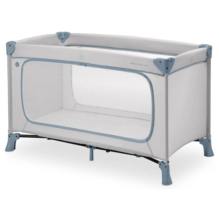 hauck Bebe Dream N Play Plus, duży otwór boczny do zabawy, składany, kompaktowy, torba do przenoszenia, od urodzenia do 15 kg, Dusty Blue, dwa poziomy