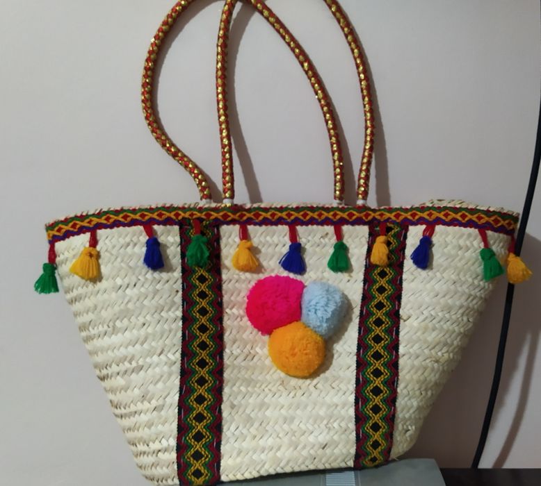Koszyk plażowy,torba, pleciony Boho z pomponami