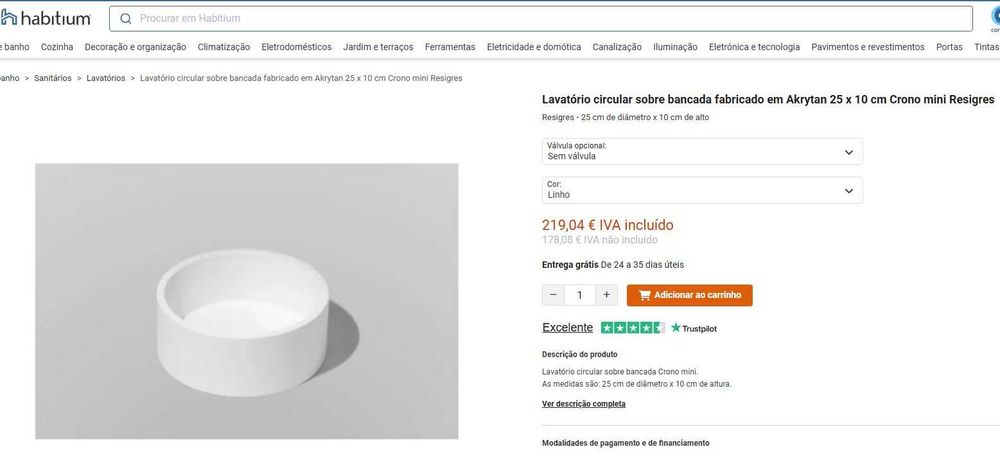 Lavatório de pousar circular 25 x 10 cm resina de poliuretano - novo