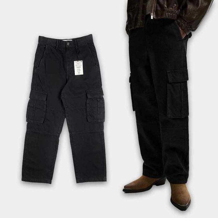Штани карго BERSHKA Relaxed Fit (S, M, L) Чорні Чоловічі Широкі З Кишенями Беггі На Весну Оригінал Нові
