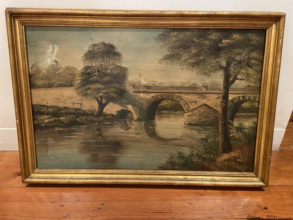 Quadro de paisagem pintada a óleo e moldura de madeira dourada