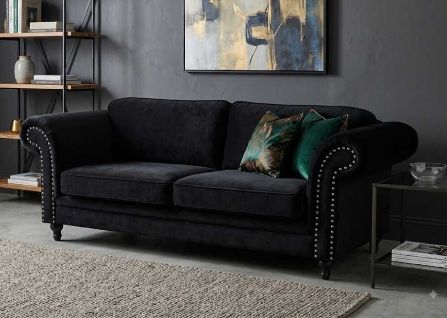 Sofá Chesterfield em veludo preto (2 lugares) – Excelente estado!