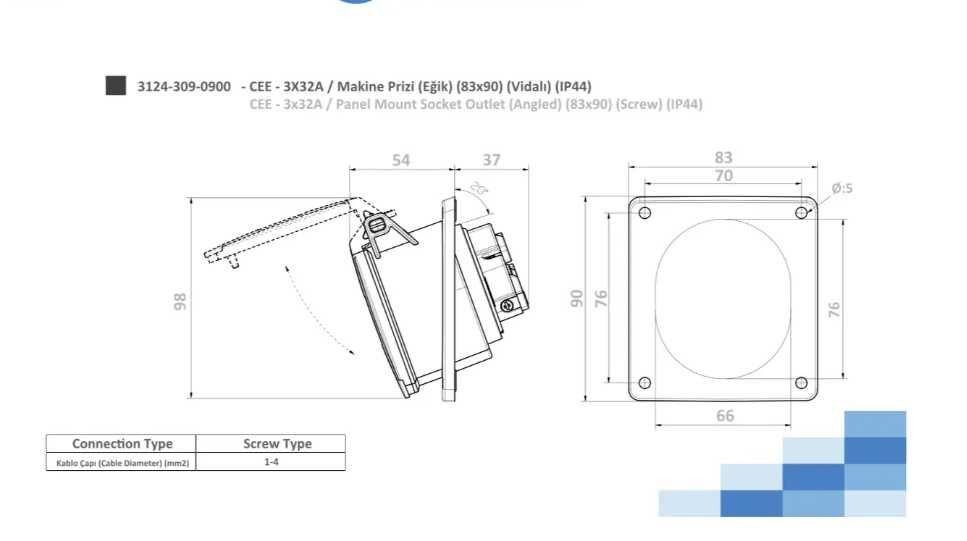 Силовая розетка для генератора фланцевая с углом, 32А 500 Вольт