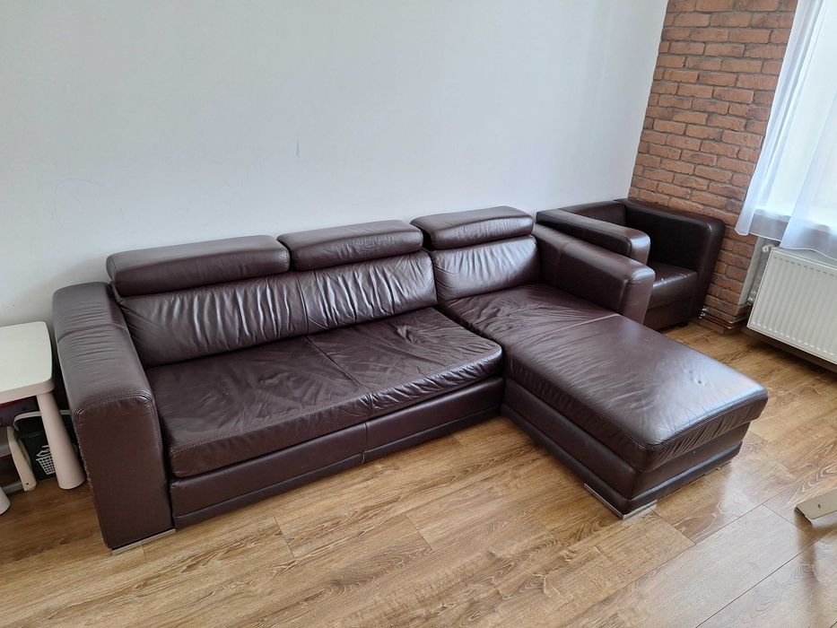 Narożnik z funkcją spania ze skóry naturalnej Etap Sofa plus Fotel