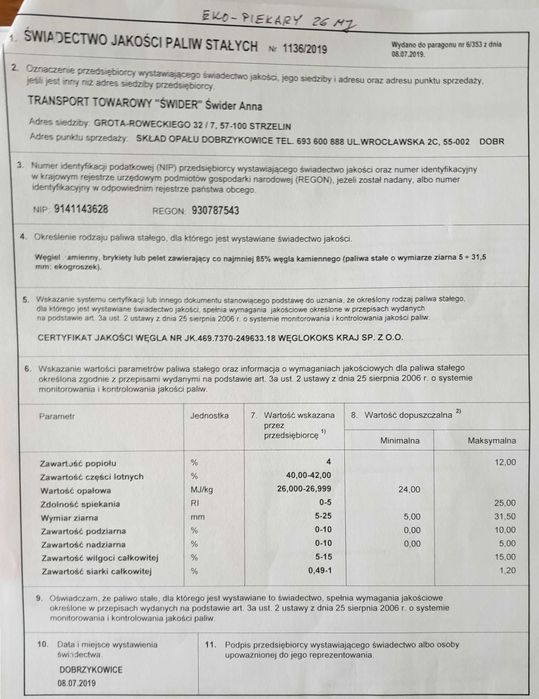 Węgiel groszek Eko-Piekary 26 MJ, 1 tona sezonowany 6 lat