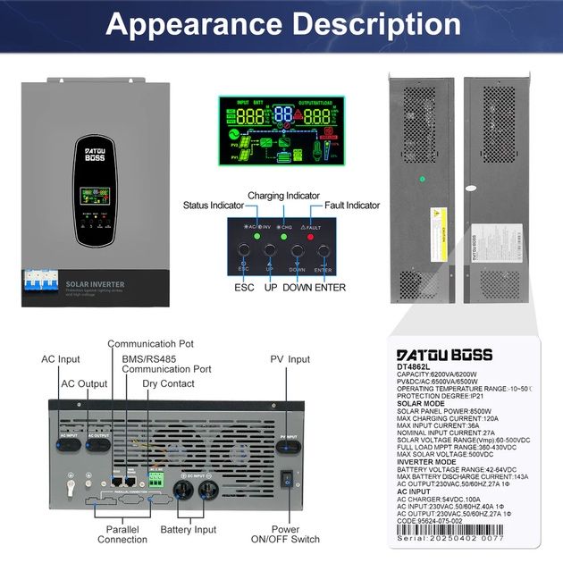 Гібридний інвертор DatouBoss DT4862L 48v 6.2kW 6200W