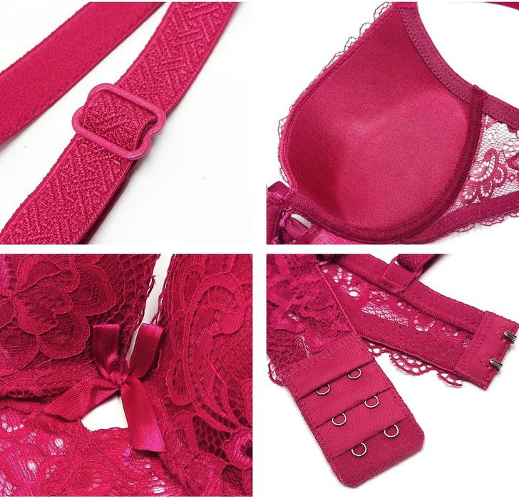 Komplet bielizny koronkowej - push-up, figi - różowy XXL 40C