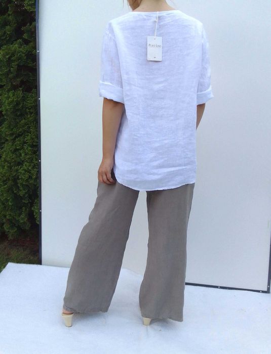 Lniany komplet szerokie spodnie koszula 100% len puro lino S M L uniwe