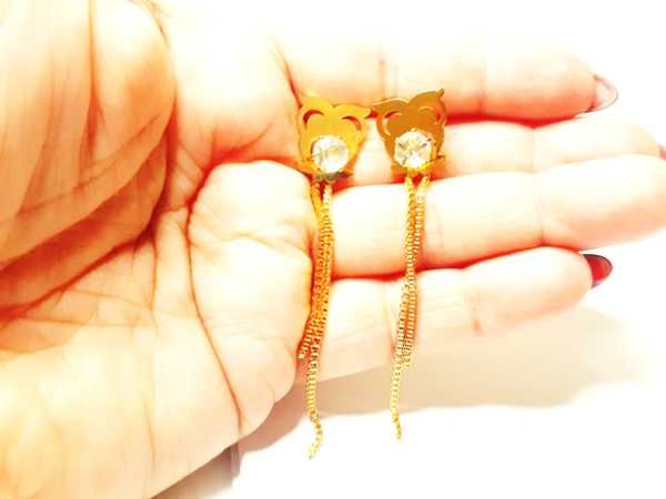 Kolczyki Złote Sowa Cyrkonie Łańcuszki 3D Długie Stal Chirurgiczna