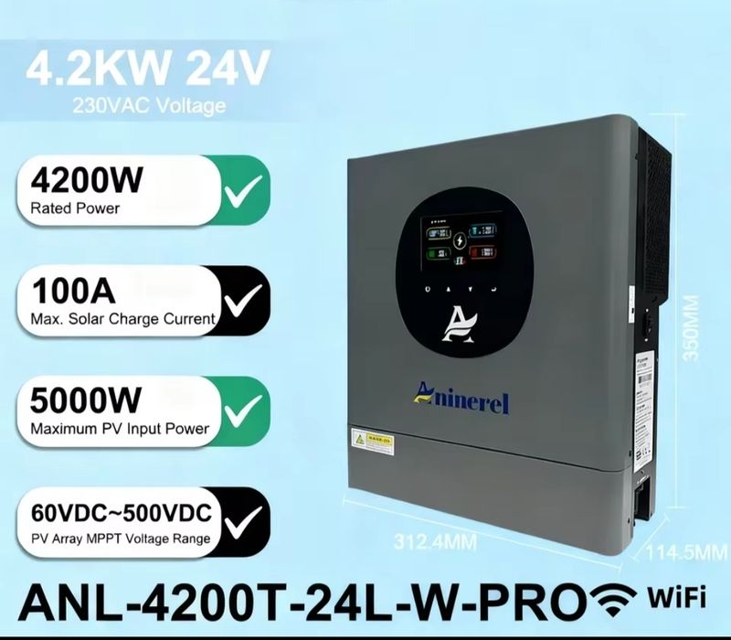 Гібридний інвертор Aninerel ANL-4200T-24L-W-PRO 24В 4200Вт з Wi-Fi
