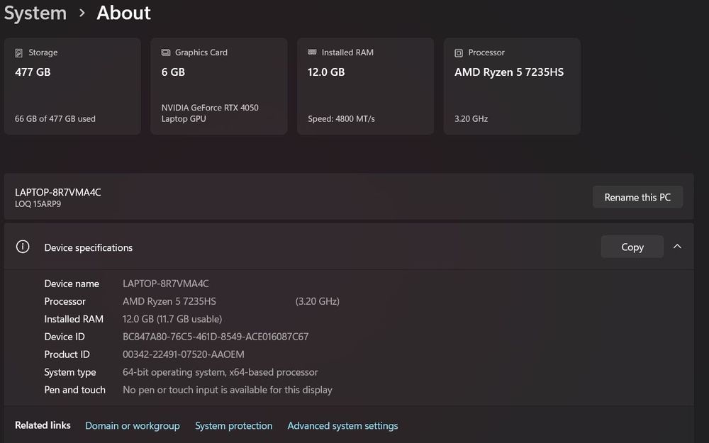 Ноутбук Lenovo LOQ Ryzen 5 7235HS\ 12 Ram\ 512\ RTX 4050\ FHD 144 Hz