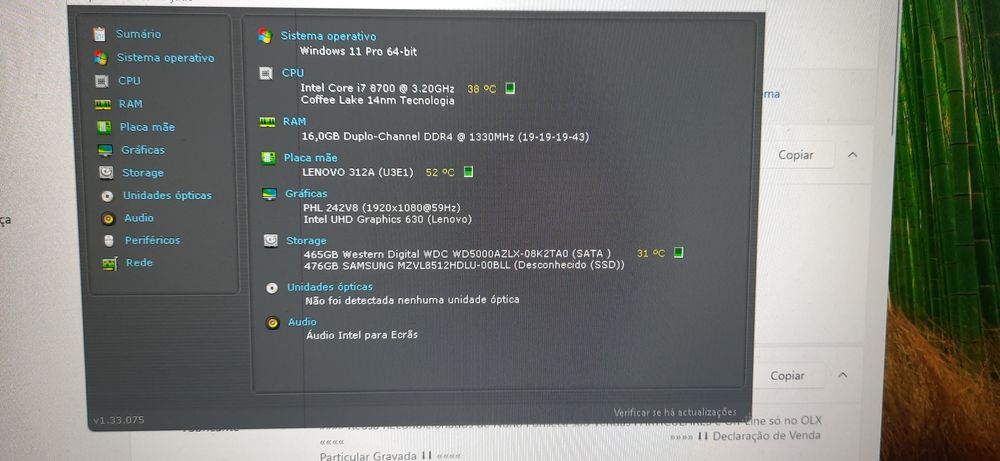 ‼ Promo ‼ Pç Lenovo M720s 8ªG|I7.8700-3.2G|16G|NVMe256+HDD500|5G+BT|HDMI|W11