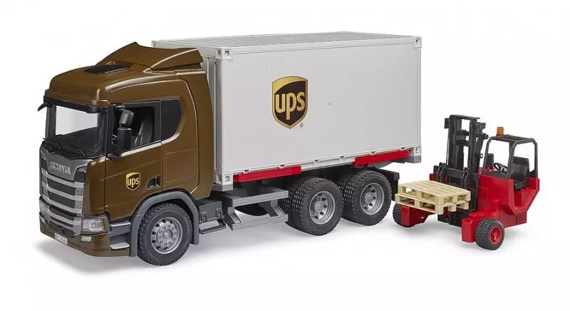 Pojazdy Scania Super 560R Kontener UPS z wózkiem widłowym. Bruder. Nowy Produkt