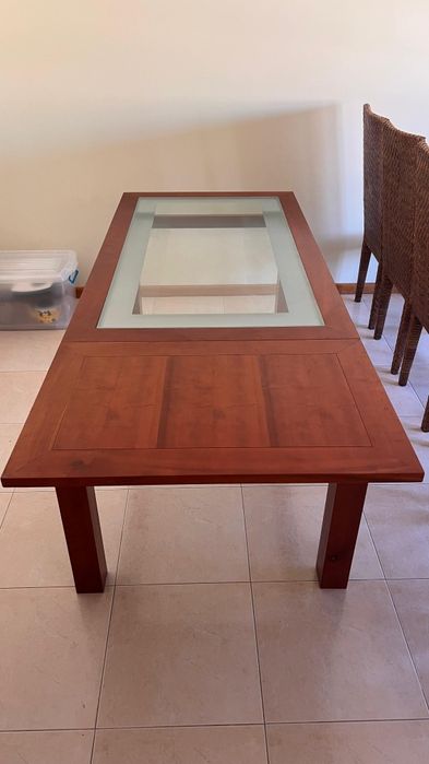Mesa de Jantar em Madeira Maciça c/ Tampo de Vidro Central (Em Excelen