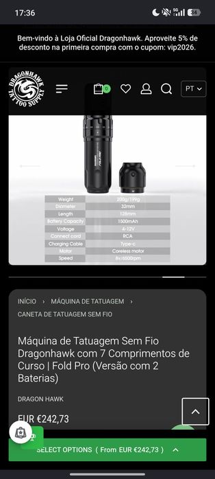 Máquina tattoo dragonhawk fold pro + fonte