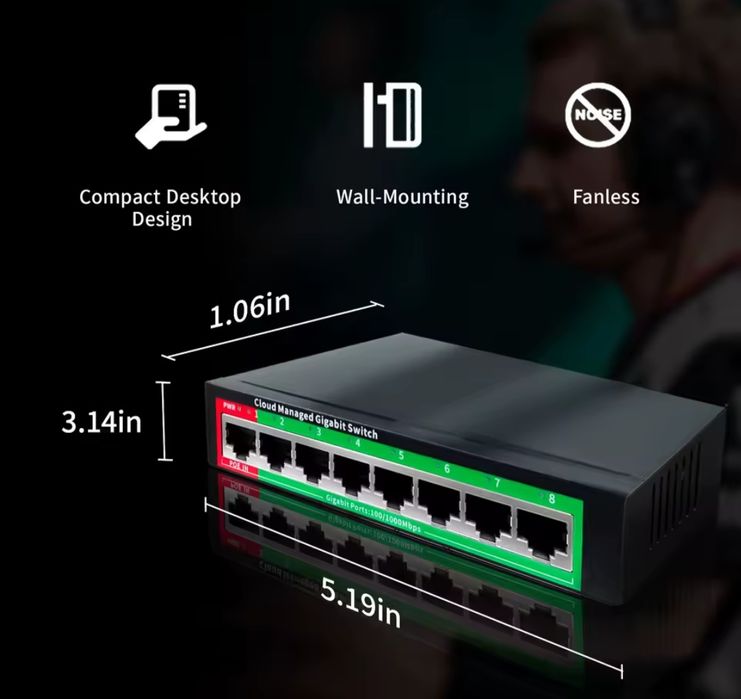 Гігабітний комутатор/світч 8 портів локальне/хмарне управління POE