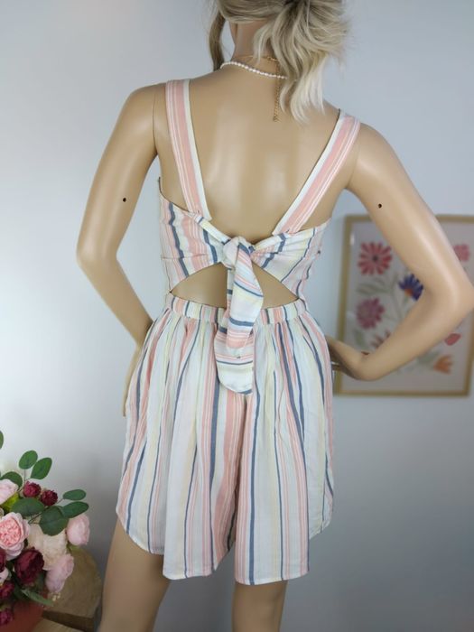 Wiskozowy kombinezon w paski masełko pudrowy letni Szorty top M 38