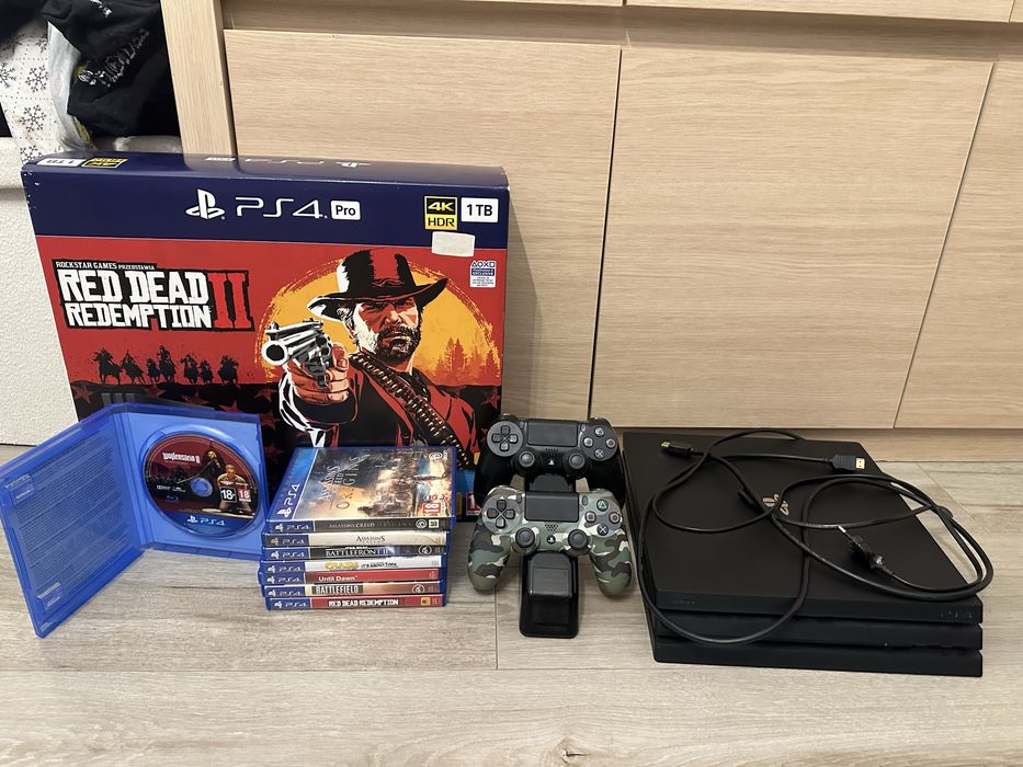Zestaw PS4 Pro 1TB | 2 Pady | Stacja ładująca | 8 Gier | Oryginalne Pudełko RDR2