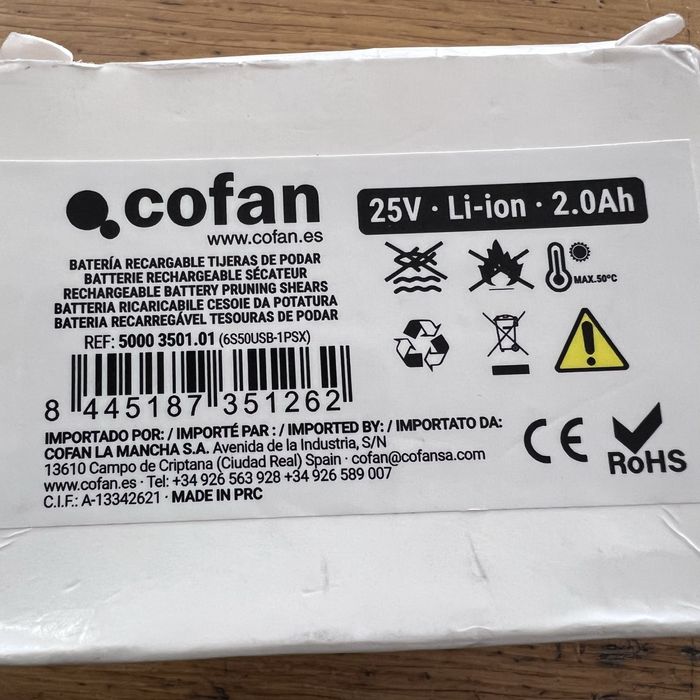 Bateria recarregável p/ tesouras de podar 25V 2.0Ah Cofan - NOVO