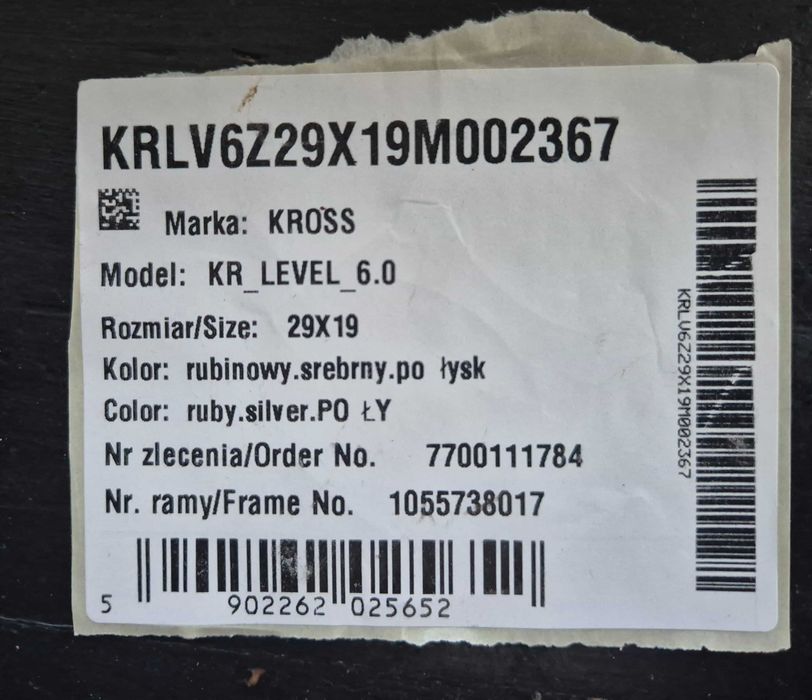 ROWER KROSS LEVEL 6.0 RUBINOWY koła 29' rama L 19' extra! okazja