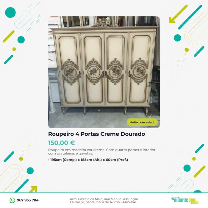 Roupeiro 4 Portas Creme Dourado