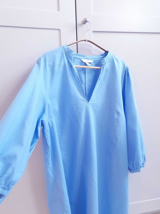 Niebieska lniana bluzka tunika sukienka H&M 44 46