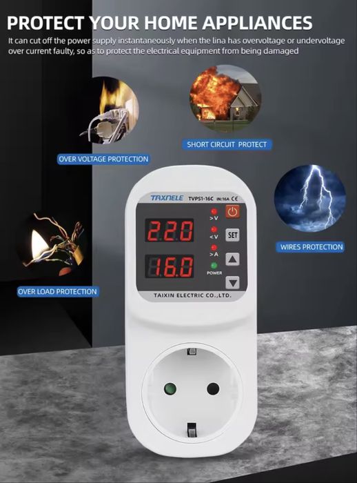 ‼️Реле напруги в розетку з дисплеєм Taxnele 220В 16А‼️