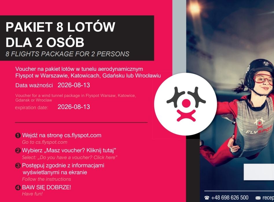 Voucher FlySpot 8 LOTÓW dla 2 osób! Warszawa Katowice Gdańsk Wrocław