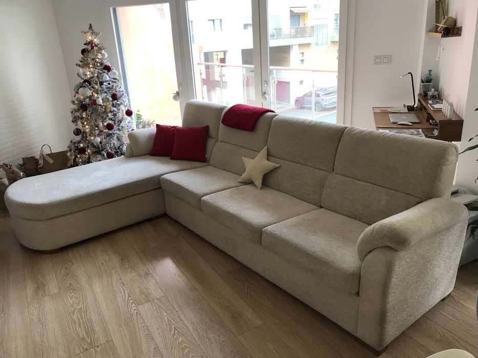 Sofa creme tecido chaise long 3 lugares