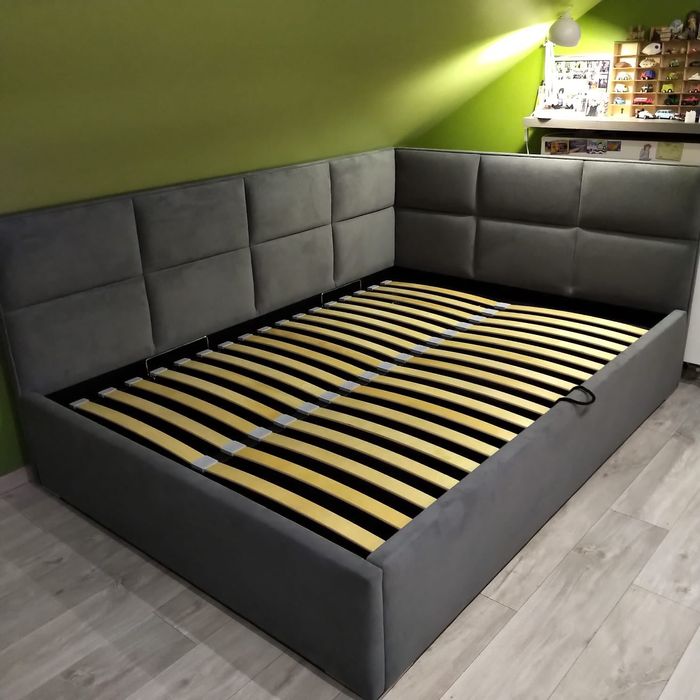 Łóżko tapicerowane narożne dziecięce młodzieżowe pojemnik stelaż